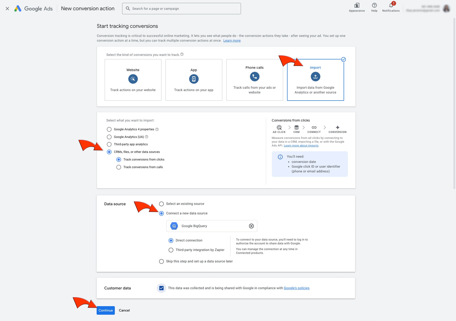 Set up conversion connected to bigquery source