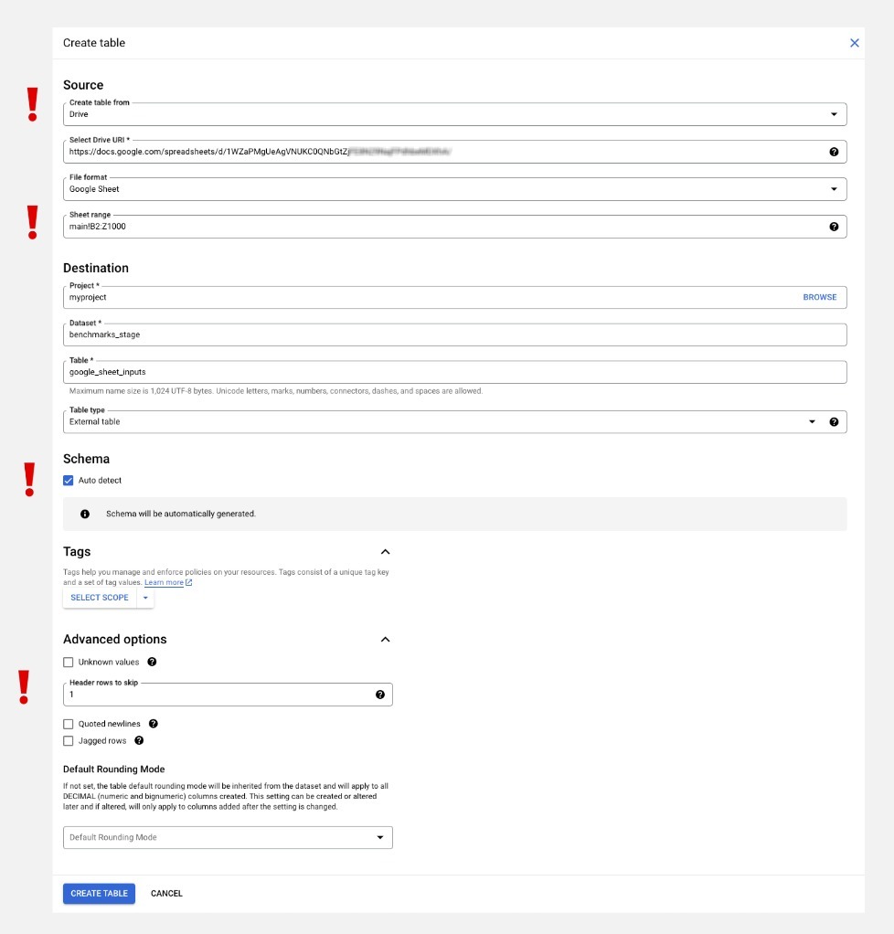 Create a bigquery table